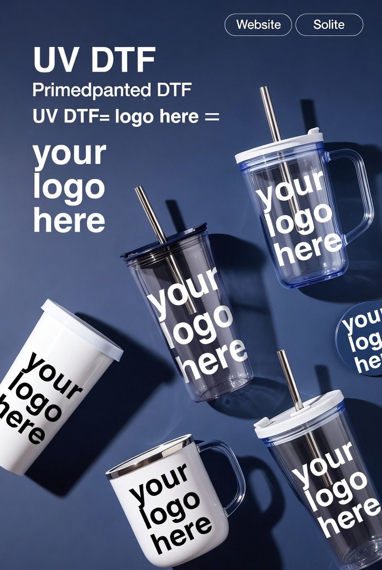 Promotional graphic for UV DTF printed tumblers with customizable 'your logo here' text.
