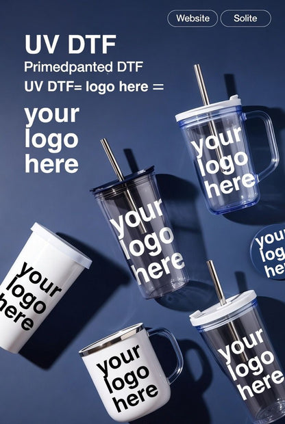 Promotional graphic for UV DTF printed tumblers with customizable 'your logo here' text.